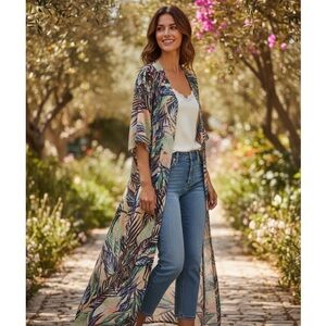 Show Me Your Mumu Kimono Duster Tropical Leaf in Peach,Green & Navy, size Large